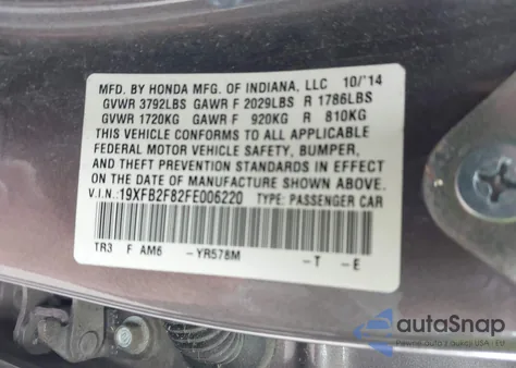 2015 Honda Civic Ex from USA, damaged, VIN 19XFB2F82FE006220